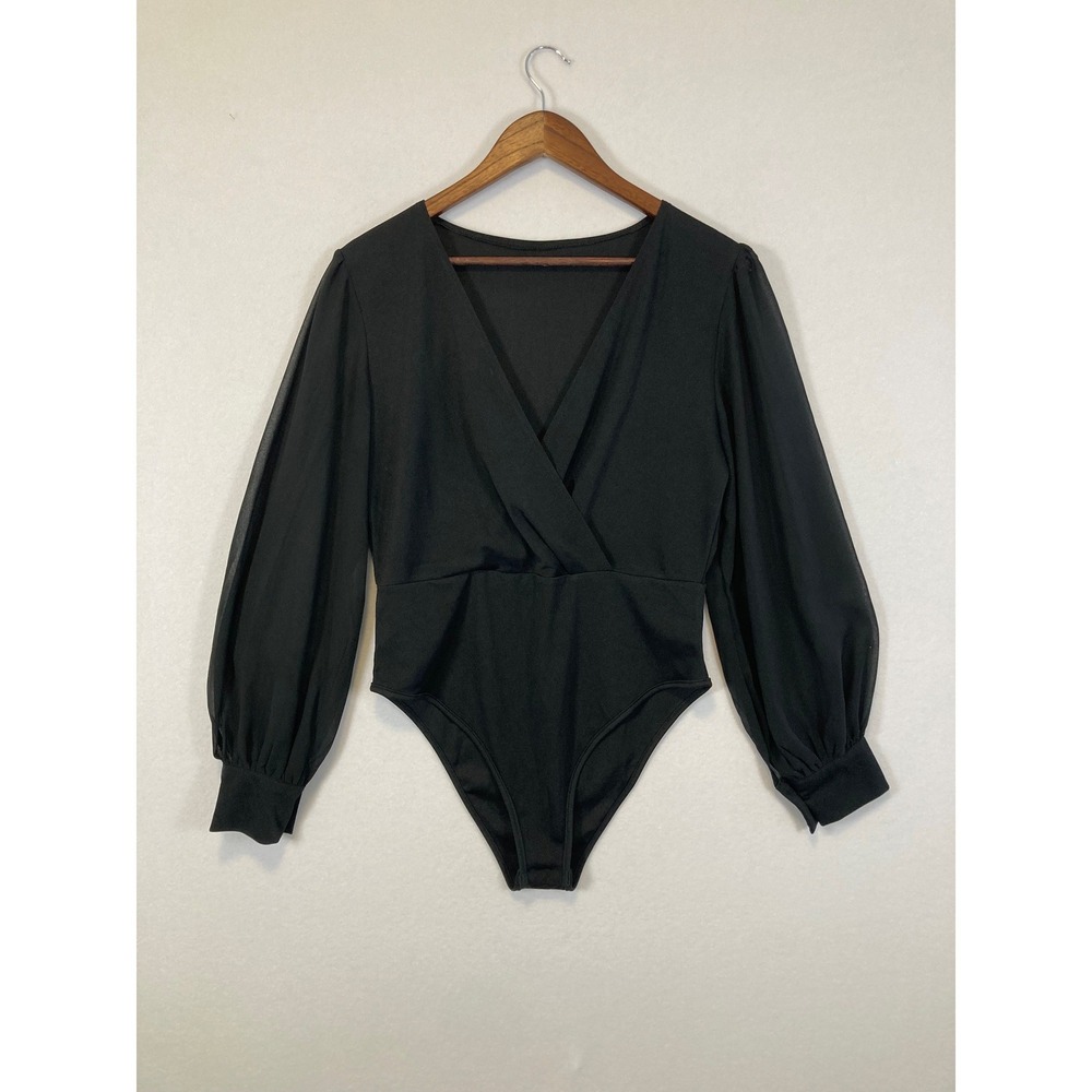 Bodysuit Women Large Black Sheer Balloon Sleeve V-Neck Wrap Front